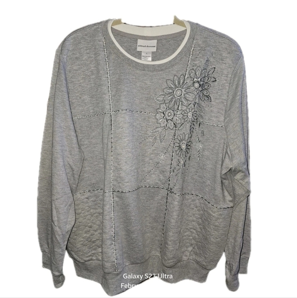 Alfred Dunner Women's XL Top Long-Sleeve Patchwork Embroidered Embellished Gray